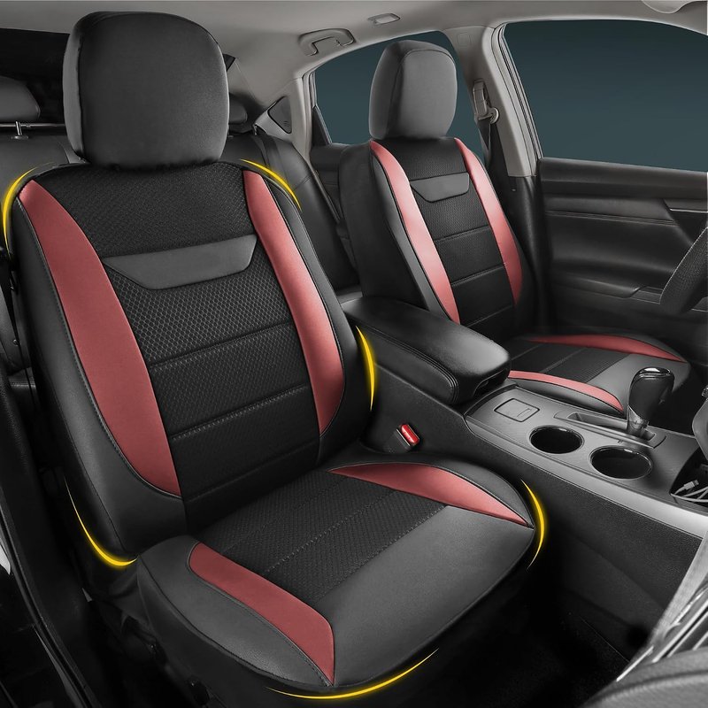 kingphenix 2 Pack Front Memory Foam Leather Car Seat Covers, Breathable 4D Mesh, Easy Install Automotive Seat Protectors, Airbag Compatible, Universal Fit for Cars, Trucks, Vans, SUV - Red