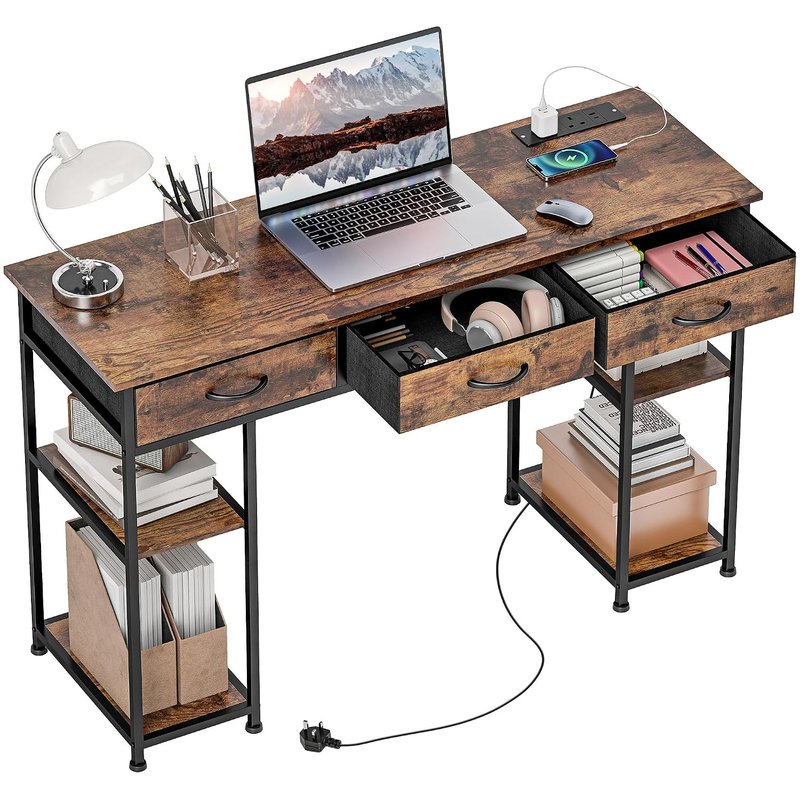 HOMCOM Computer Desk with Power Outlets, 120cm Home Office Desk with 3 Fabric Drawers and 4 Storage Shelves, Study Table Workstation for Bedroom, Rustic Brown