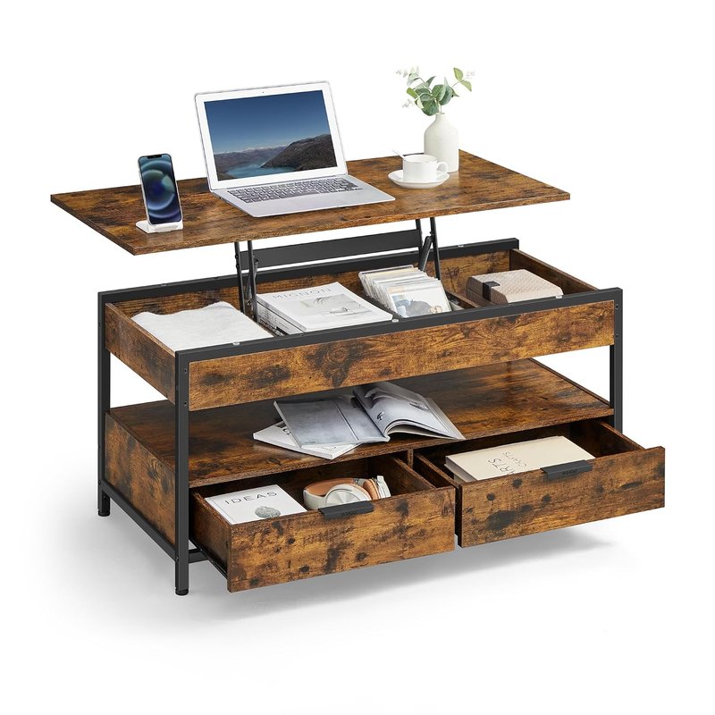 VASAGLE Lift Top Coffee Table, Living Room Table, with Storage Drawers, Hidden Compartments, and Open Shelf, Rustic Brown and Ink Black LCT209K01