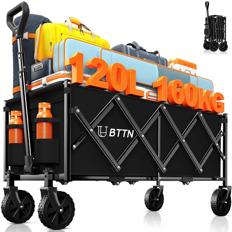 BTTN 120L Extra-Long Folding Festival Trolley on Wheels, 160kg (350LBS) Capacity Shopping Trolley with Silent Wheels, Foldable Camping Garden Cart with Adjustable Handle, Portable Utility Wagon, Black