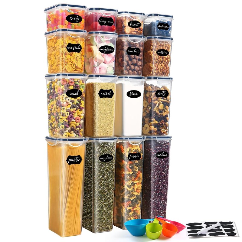 YASHE Airtight Food Storage Containers Set of 16, Plastic Cereal Storage Containers with Lids, BPA Free Kitchen and Pantry Organization for Dry Food, Pasta, Flour & Sugar, with Labels & Marker