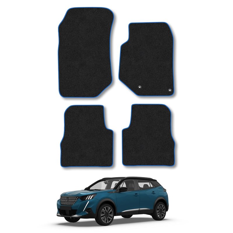 Peugeot 2008 (2020+) [NOT EV] Car Mats Accessories Tailored Fit Carpet Floor Mats Non Slip Blue Trim Full Coverage Compatible Accessory Granulated Backing Front Rear Set Anti Slip Hand-Finished Clips