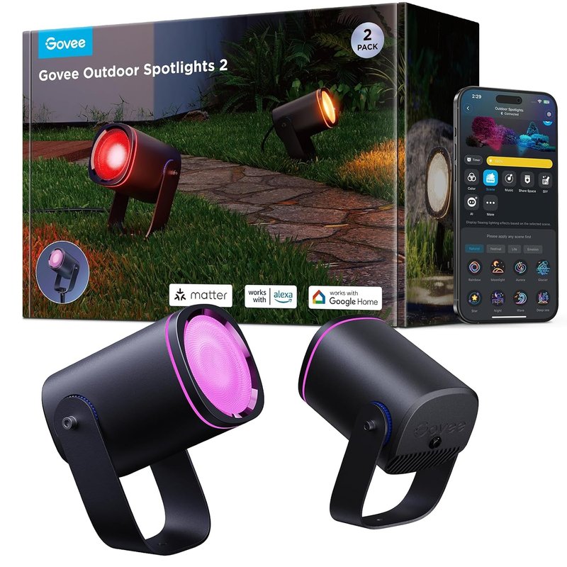 Govee Outdoor Spotlight, Waterproof Garden Lights, RGBWIC LED Outdoor Lights, Dimmable 700lm with 69 Scene Modes and 16 Million Colors for Patio, Works with Alexa, Google Assistant, and Matter. 2 Pack