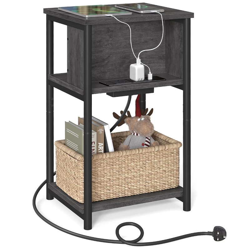 VASAGLE Slim Side Table with Charging Station, Narrow Bedside Table with 2 AC Outlets 2 USB Outlets, 30 x 34 x 58 cm, for Living Room, Bedroom, Charcoal Grey and Ink Black LET374B68