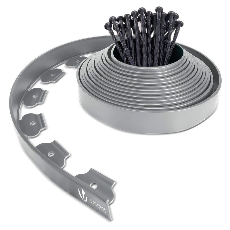 VOUNOT Lawn Edging 10m with 30 Pegs, Flexible Plastic Garden Edging Border Strips for Grass, Flower Beds, Path, Gravel, 5cm High, Grey