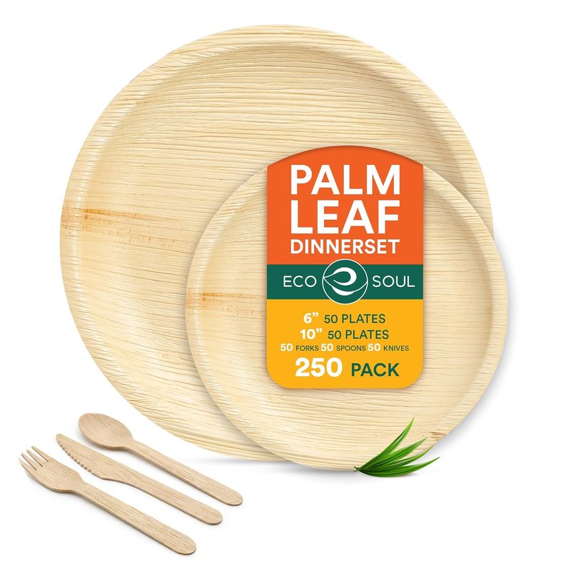 ECO SOUL Palm Leaf Plate Set of 250 for 50 Guests [10", 6" Round Plates, Fork, Knife, Spoon, 50 Count Each] | Biodegradable Disposable Dinnerware for Christmas Dinner, Parties, Wedding & Event