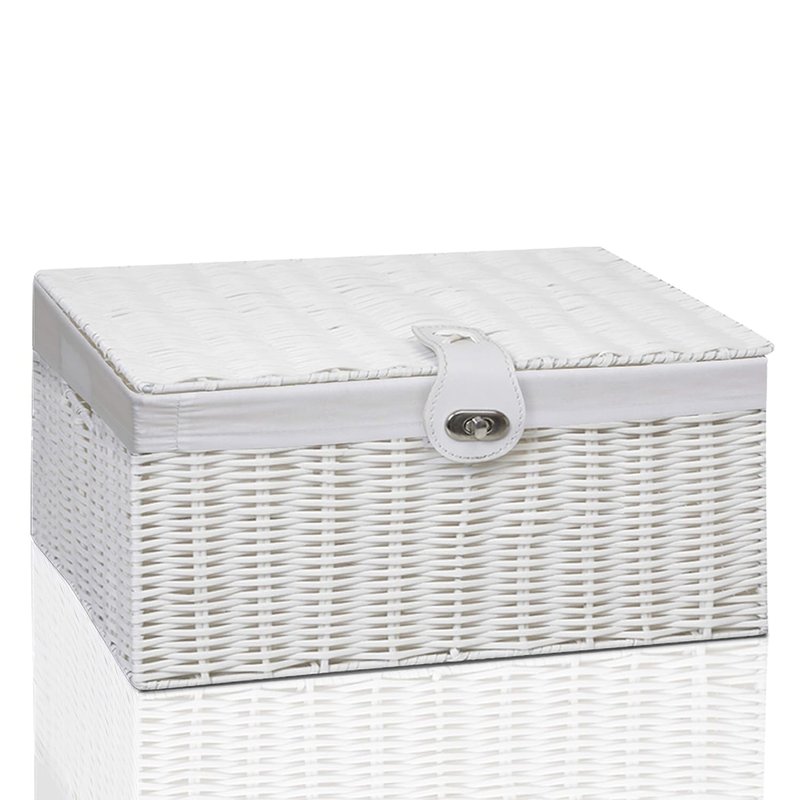 Clarisworld Resin Woven Hamper Basket Storage Chest Trunk Hamper/Kids Toy with Lid, Lock and Removable Lining, W49 x D35 x H22cm (White)