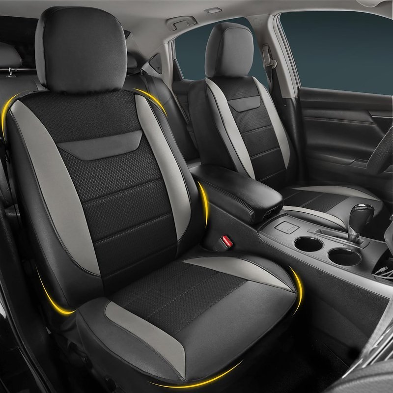 kingphenix 2 Pack Front Memory Foam Leather Car Seat Covers, Breathable 4D Mesh, Easy Install Automotive Seat Protectors, Airbag Compatible, Universal Fit for Cars, Trucks, Vans, SUV - Grey