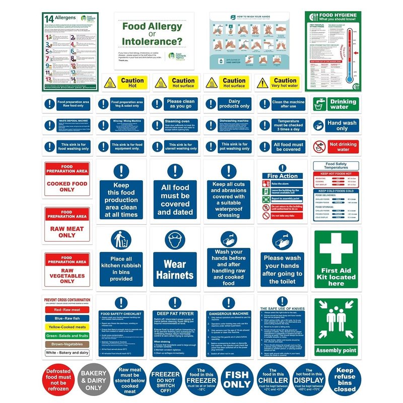 54 Pcs Kitchen Safety Signs Set – Essential Food Hygiene Signage Pack, Self Adhesive Vinyl Waterproof & Oil Resistant Stickers for Restaurants, Cafes, Takeaways and Small Catering Kitchens