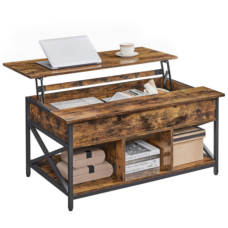 VASAGLE Lift-Top Coffee Table with Open and Hidden Storage, X-Shaped Bars, 60 x 100 x (48-62) cm, Rustic Brown and Black