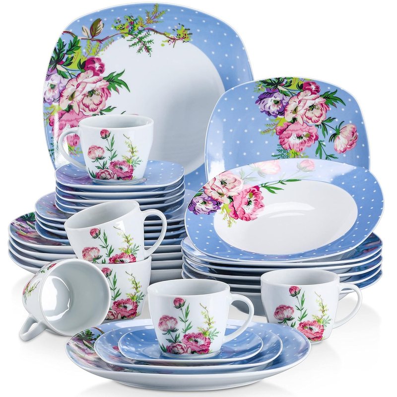 VEWEET 'Hannah' 30-Piece Dinner Set Blue White Dots Pink Flower Porcelain Pattern Combination Set with Dessert Plates Soup Plates Dinner Plates Cups Saucers Service for 6