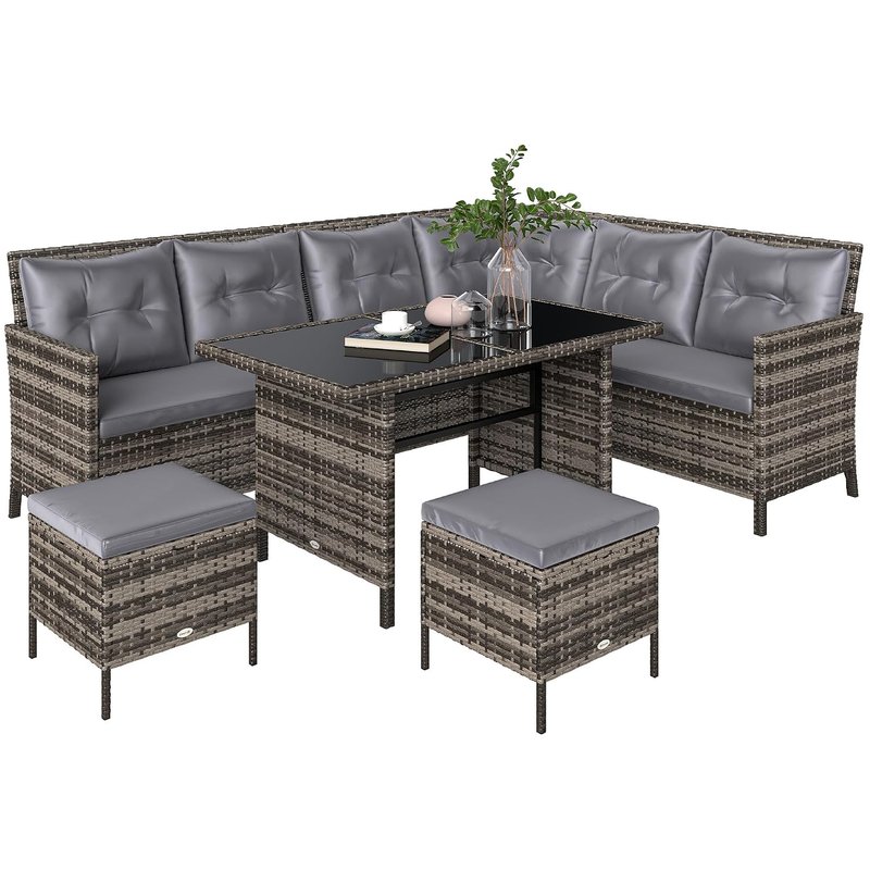 Outsunny 6 Pieces Rattan Garden Furniture Set, 8-Seater Garden Corner Sofa Set with 3 Loveseats, Glass Top Table, Footstools, Outdoor Conservatory Furniture with Cushions for Patio, Grey