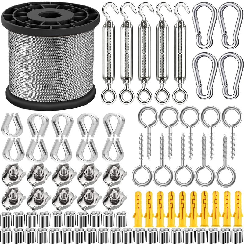 GZFTMKOBNS 2MM 50M 304 Stainless Steel Garden Wire Kit, M5 Turnbuckle Tension Wire for Climbing Plants, Rose Wisteria Support, String Lights Patio Hanging, Deck Cable Railing & Clotheslines