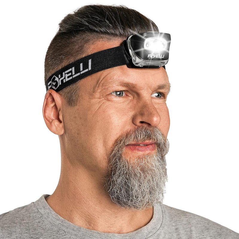Foxelli LED Head Torch - for Adults & Kids, Running, Camping, Hiking Headtorch Battery Powered with White & Red Light, Lightweight Waterproof Headlamp with Comfortable Headband, Batteries Included