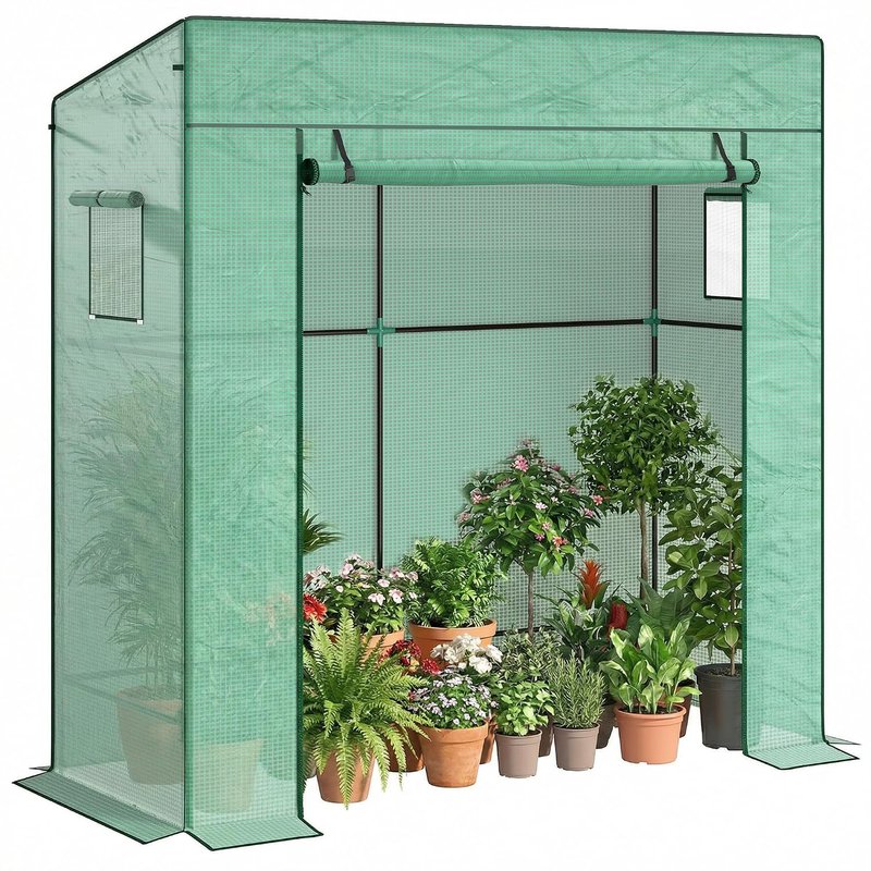 Outsunny Tomato Greenhouse with Reinforced PE Cover, Walk-in Garden Growhouse with Large Roll-up Door and 2 Mesh Windows, Portable Indoor Outdoor Green House, 196L x 77W x 178Hcm, Green