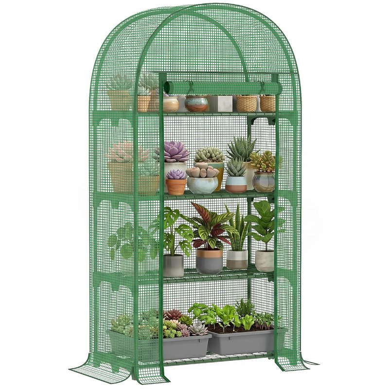 Outsunny 4 Tier Mini Greenhouse for Outdoor, Portable Gardening Plant Green House with Storage Shelf, Roll-Up Zipped Door, Metal Frame and PE Cover, 80 x 49 x 160cm, Green