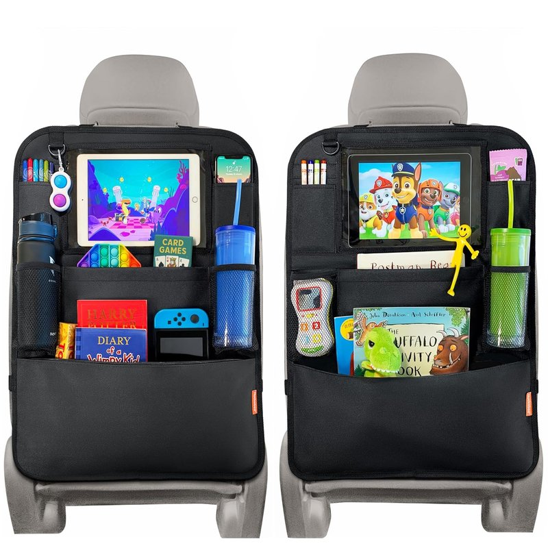 Huckaboo Car Seat Organiser - Kids Back Seat Organiser, Storage Pockets, Screen Holder, Black, 2 Pack