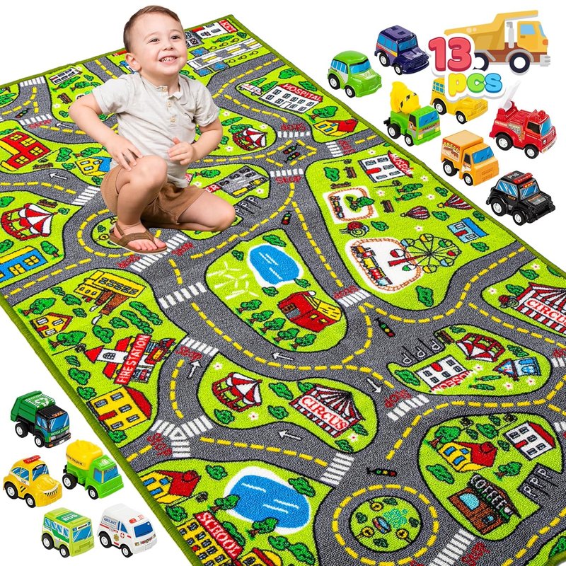 JOYIN Kids Toy Rug Gift Set-City Play Mat with Road Tracks & 12 Vehicles, Educational Carpet for Boys Girls Ages 3-7, City Imaginative Play, Durable Playroom Toy Mat for Kids, 148x80cm