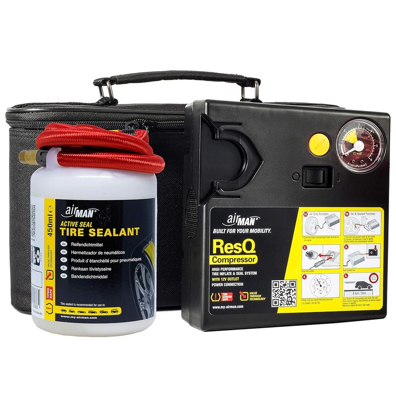 AirMan ResQ Emergancy Tyre Repair Kit, with easy valve through punture repair tyre selant, Air Compressor, suitable for all car makes and models