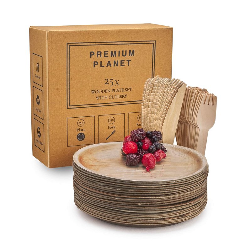 Premium Planet Large Disposable & Biodegradable Plates Set with Cutlery | 25 Plates | 25 Forks | 25 Knives | Eco Friendly & Sturdy | Better Than Paper… (10 inch)