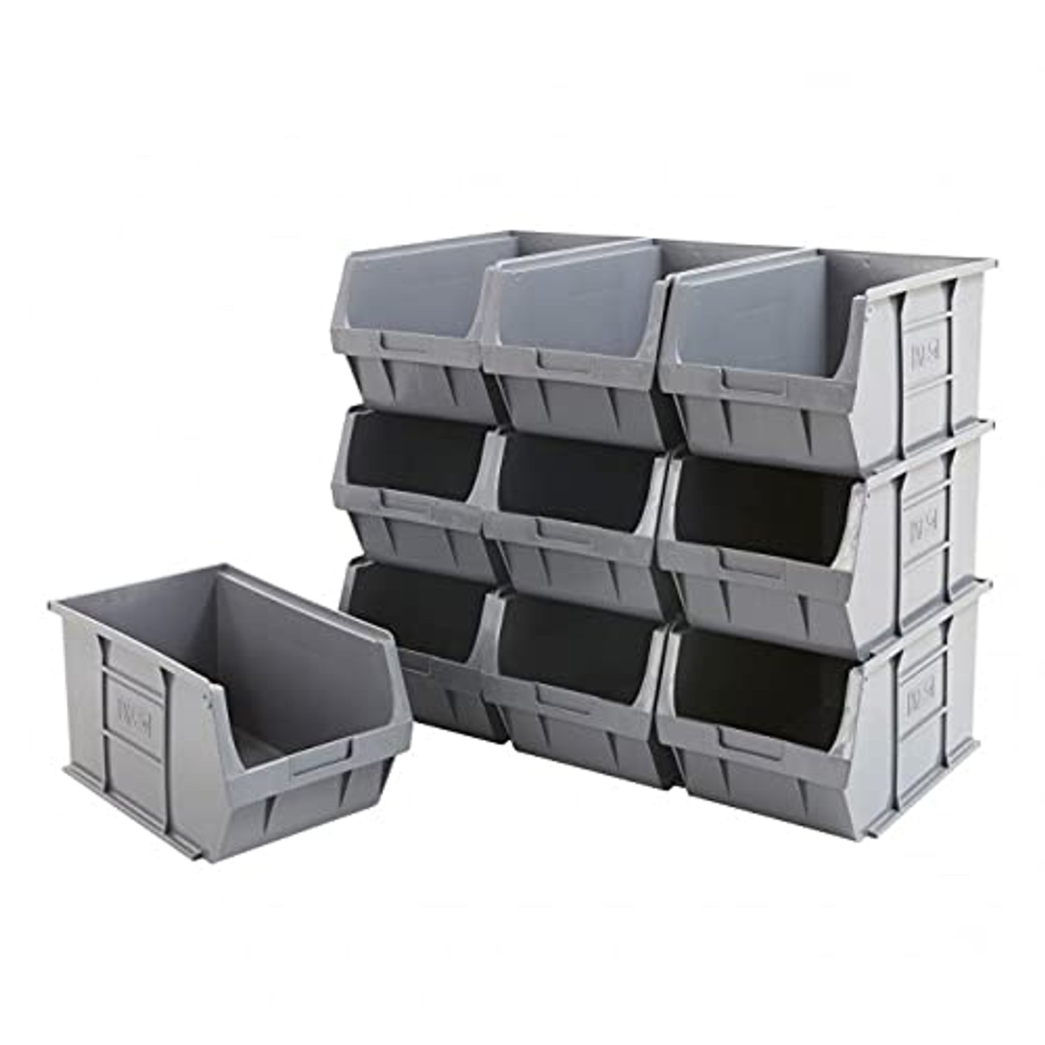 BiGDUG Plastic Parts Bins - Storage Bins For Picking - Pack of 10 - 175H x 200W x 355D mm - Stackable or Wall Mounted Storage - Grey