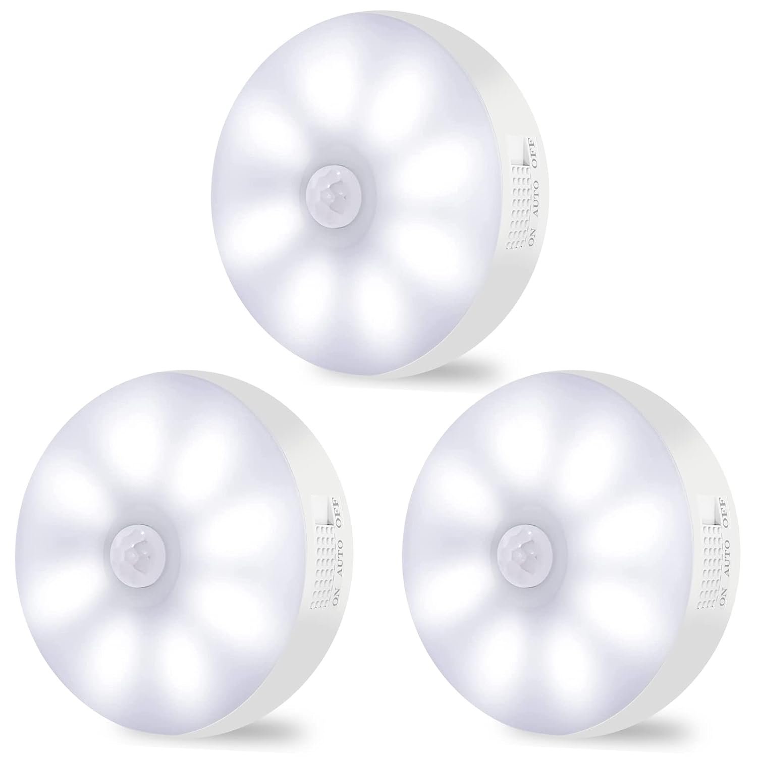 Motion Sensor Lights Indoor Rechargeable Wireless Wall Light LED Stair Night Lights Lamps with Auto/On/Off for Stairs Living Room Bathroom Corridors Closet Kitchen Under Cabinets (6000K, 3 Pack)