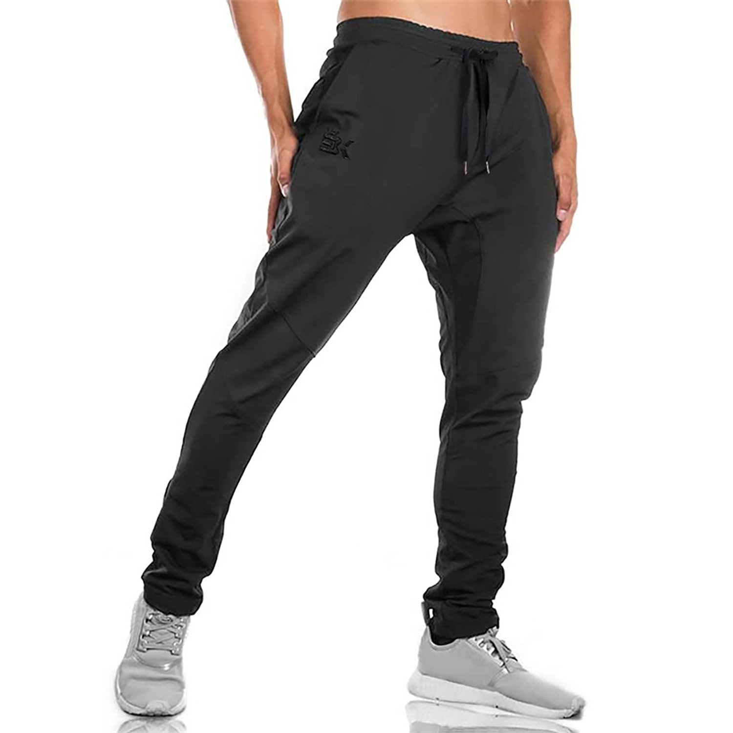 BROKIG Mens Gym Joggers Sweatpants, Causal Slim Fit Running Trousers Tracksuit Jogging Bottoms with Double Pockets(Large,Black)