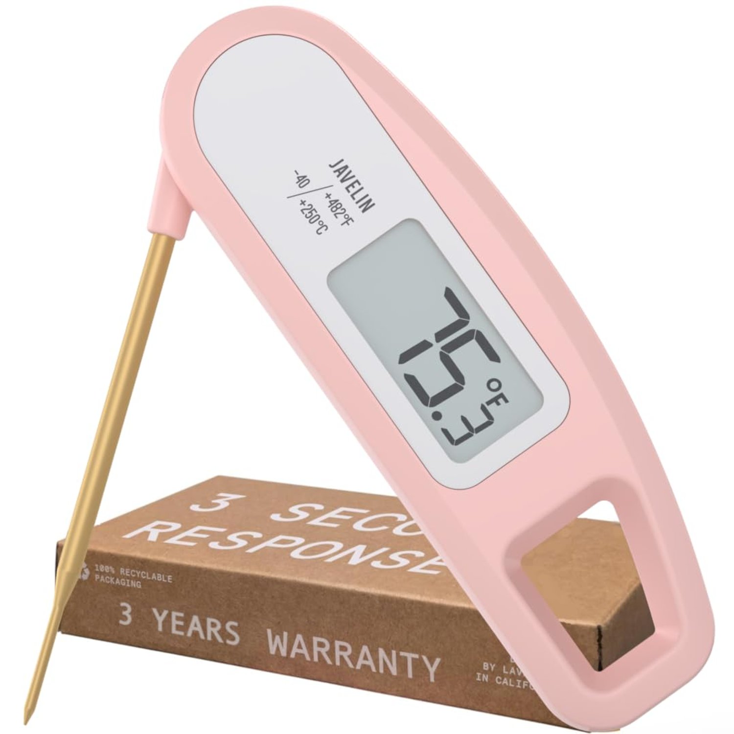 Lavatools PT12 Javelin Ultra Fast Digital Instant Read Meat Thermometer for Grill and Cooking, 2.75" Probe, Compact Foldable Design, Large Display, Splash Resistant – Rhubarb