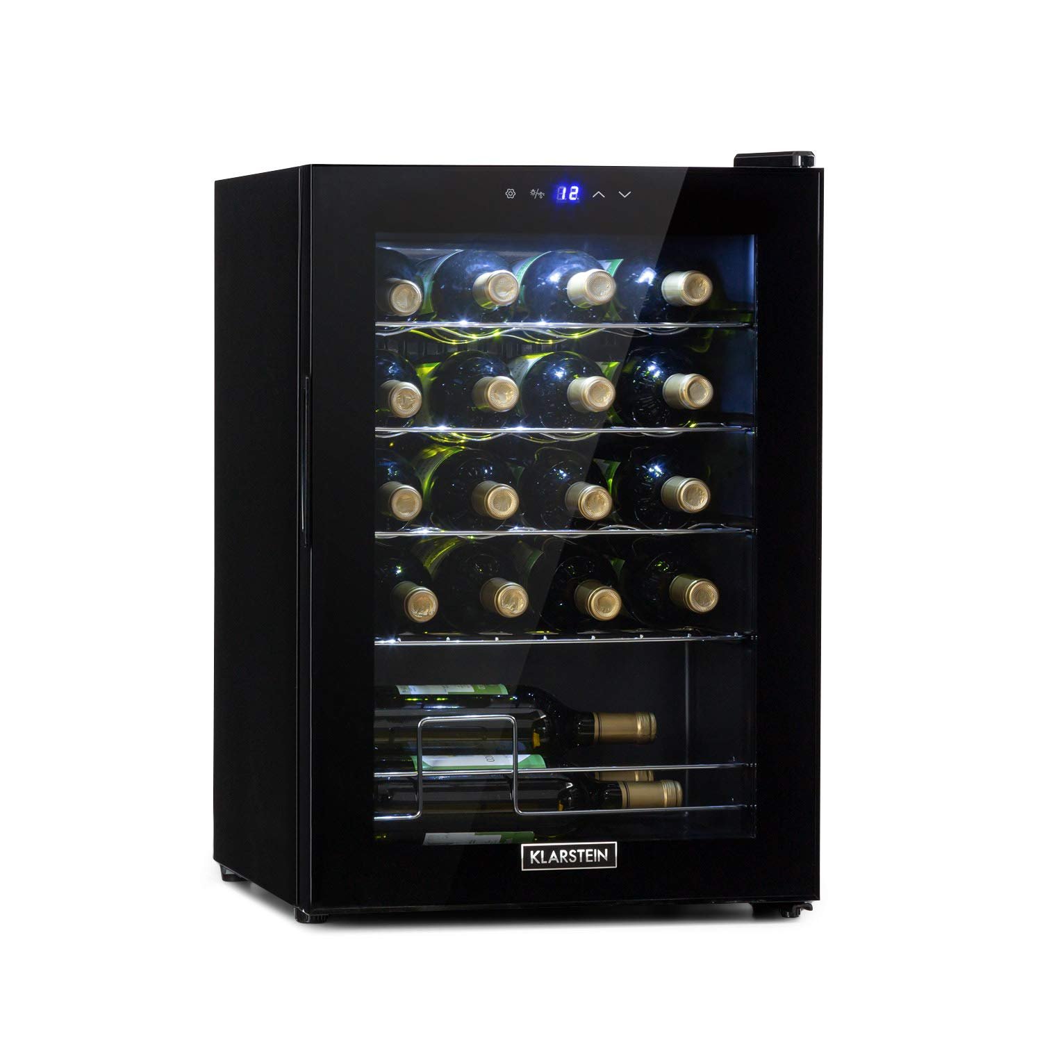 Klarstein Shiraz Wine Cooler Black – 20 Bottles, 53 L, 1 Zone | Freestanding Wine Fridge with Glass Door, Quiet, 5–18 °C, LED, Stainless Steel Frame