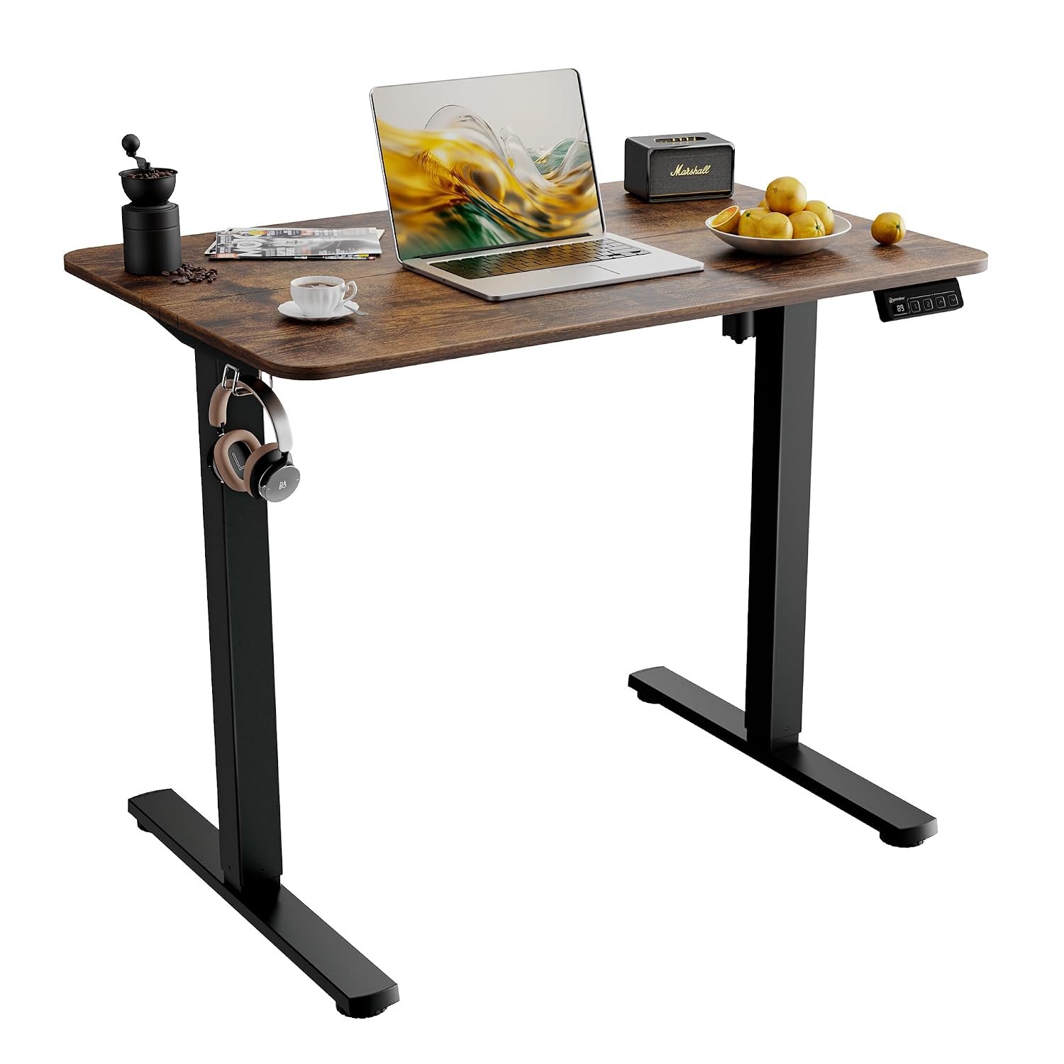 ERGOMAKER Electric Standing Desk 90x60cm, Height Adjustable Sit Stand Desk with Memory Handset Hooks for Home Office(Rustic Brown)