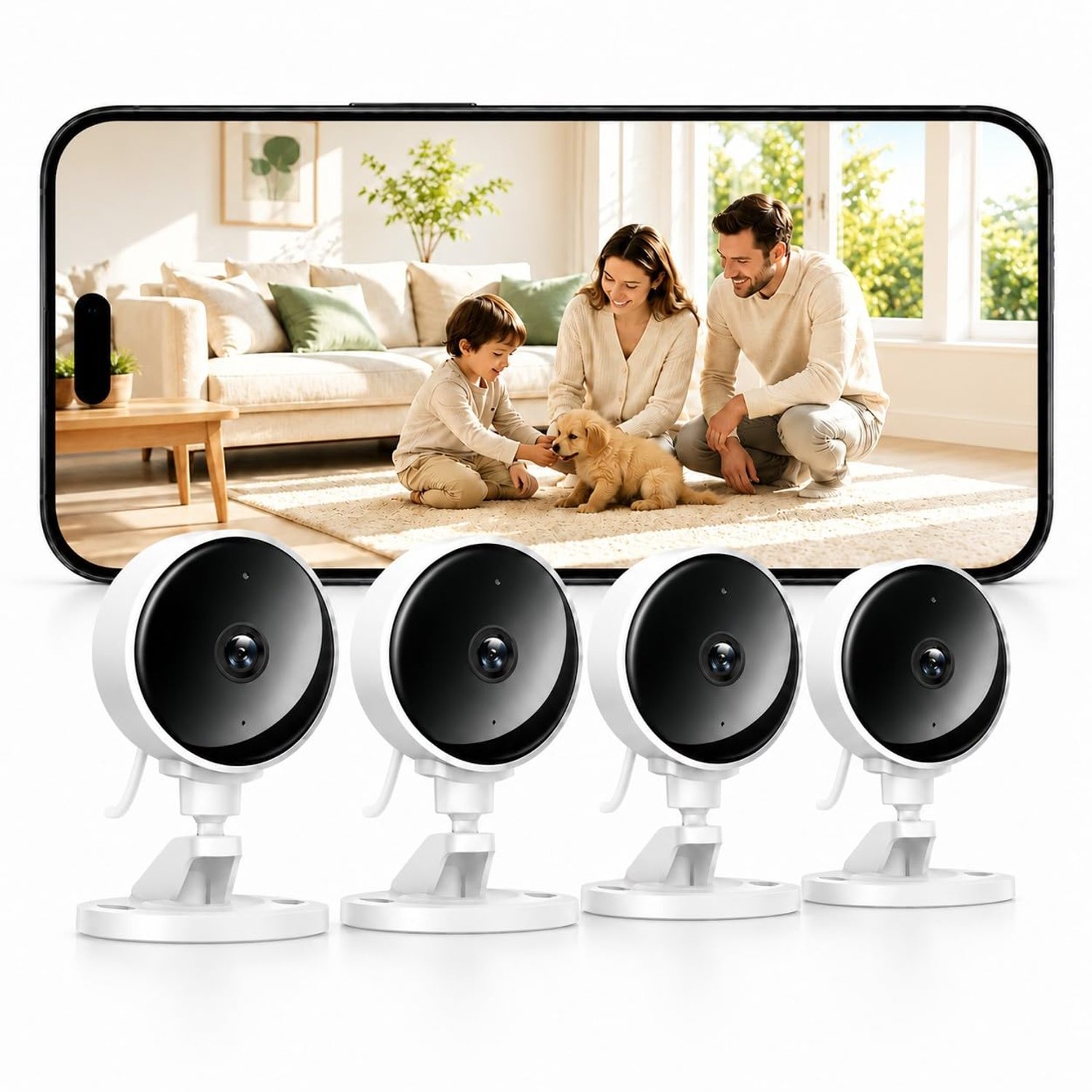 WOLFANG 1080P Indoor Security Camera 4 Pack, Mini WiFi CCTV Camera for Home Security, Dog Camera with Night Vision, Motion Detection, Two Way Audio, 2.4G WiFi, SD & Cloud Storage, Alarm Alert
