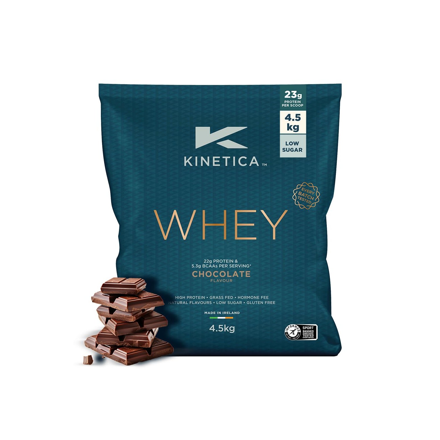Kinetica Sports Whey Protein Powder - Chocolate, 4.5 Kg, 150 Servings | 23g Protein, 5.5g BCAA Amino Acid & 4.32g Glutamine | Recovery Shake for Optimum Nutrition | WADA & Informed Sport Approved