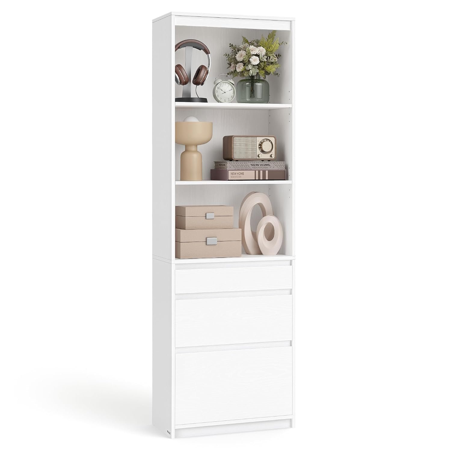 VASAGLE KAILYN Collection - Bookshelf, Bookcase, with 3 Drawers, Adjustable Shelves, 180 cm Tall, for Living Room, Bedroom, Home Office, Modern, Space-Saving, Snow White LBC188W01