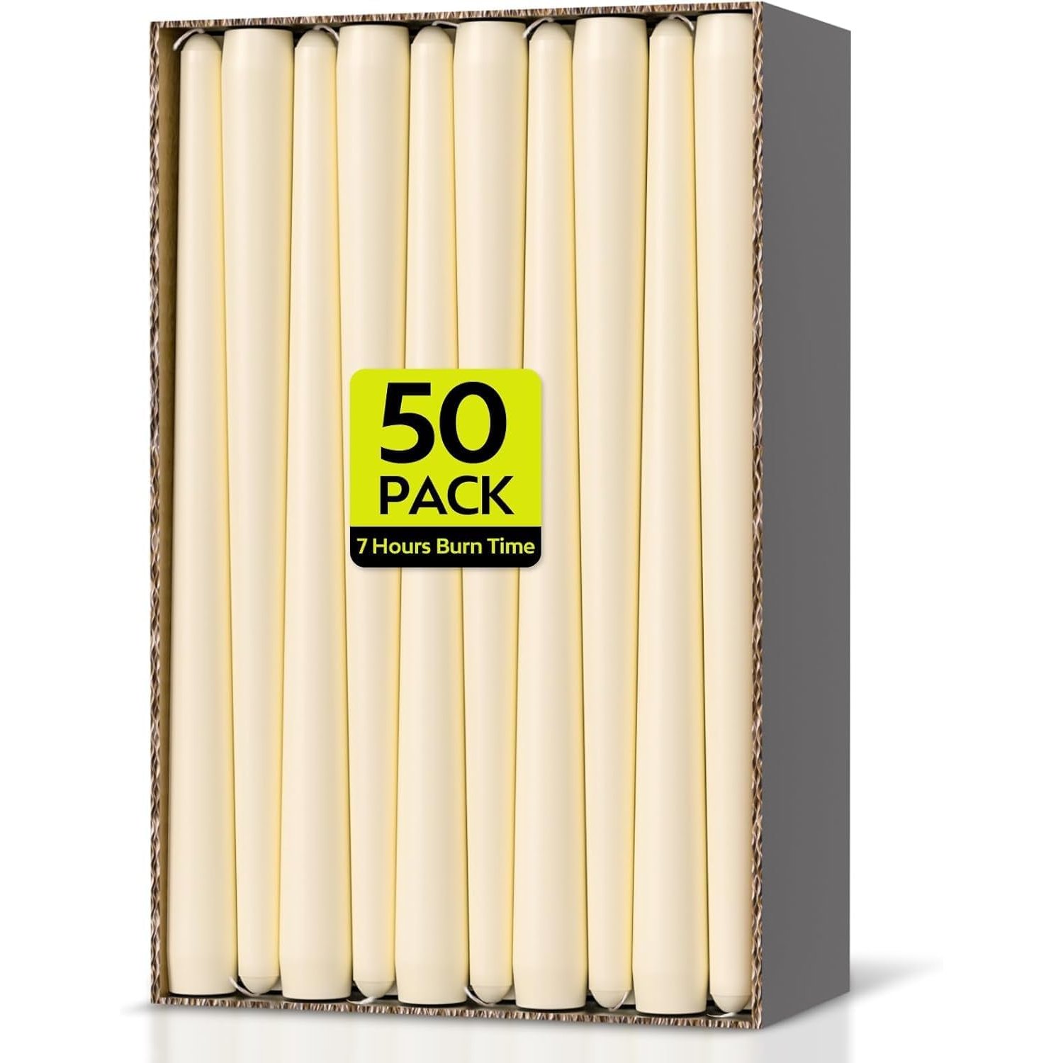 Taper Dinner Candles, Non-Drip Table Candlesticks, Unscented Ivory, 7-Hour Burn Time, Long-Burning Tapered Candles, Paraffin Wax with Cotton Wicks, 50 Pack