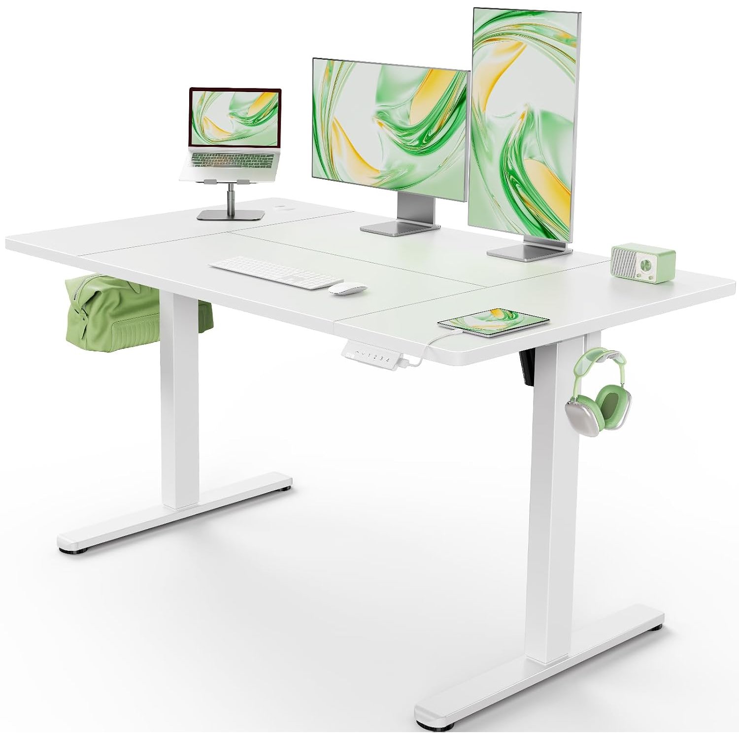 Marsail Electric Standing Desk with USB-A Charging Port, 140 x 80 cm Height Adjustable Sit Stand Desk with 4 Custom Height Settings, 80kg Max Load, Stable Lifting, Storage Hooks, and Cable Management