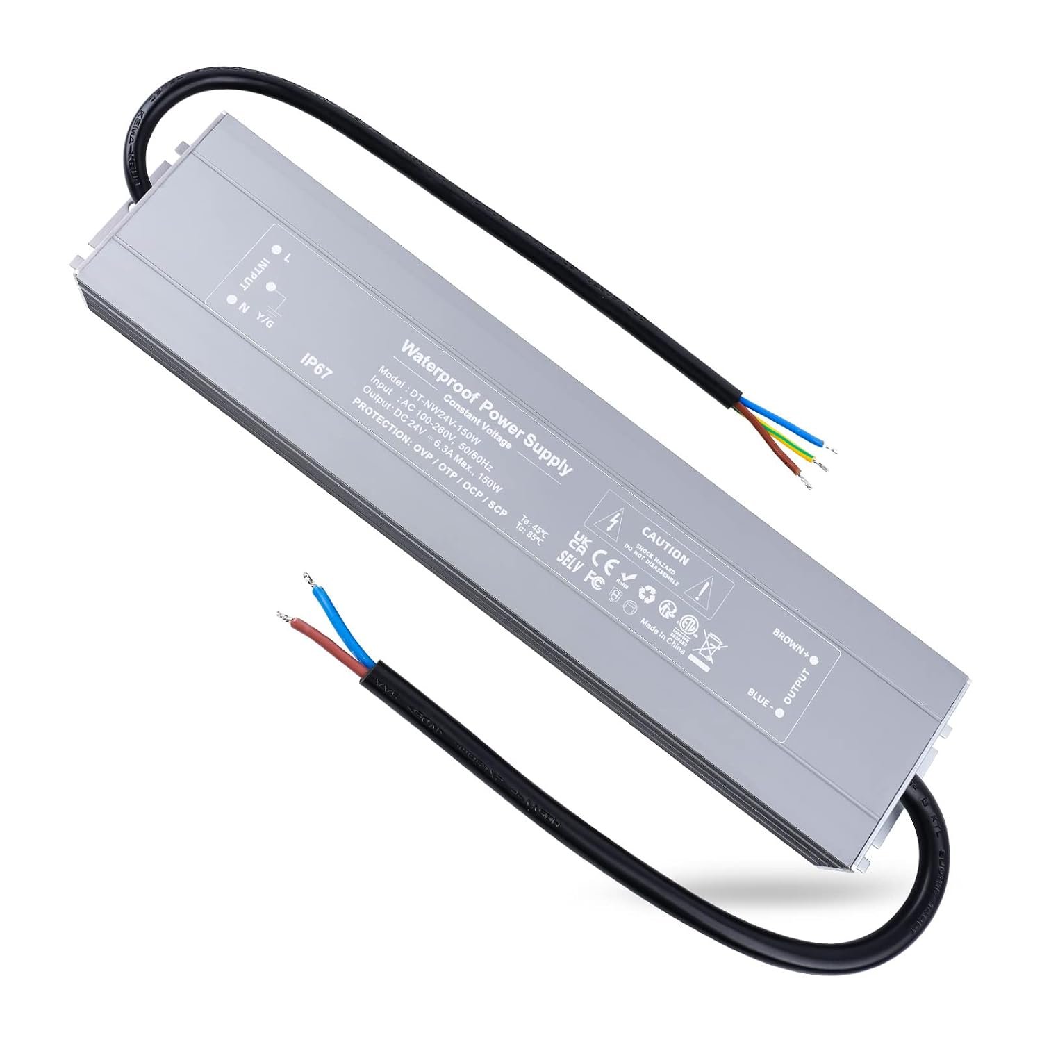 REYLAX LED Driver 24V 150W, IP67 Waterproof Outdoor Lighting Transformer, 6.25A Constant Voltage Power Supply, 100-260V AC to 24V DC Transformer for Garden LED Strip Lights and Shed Light