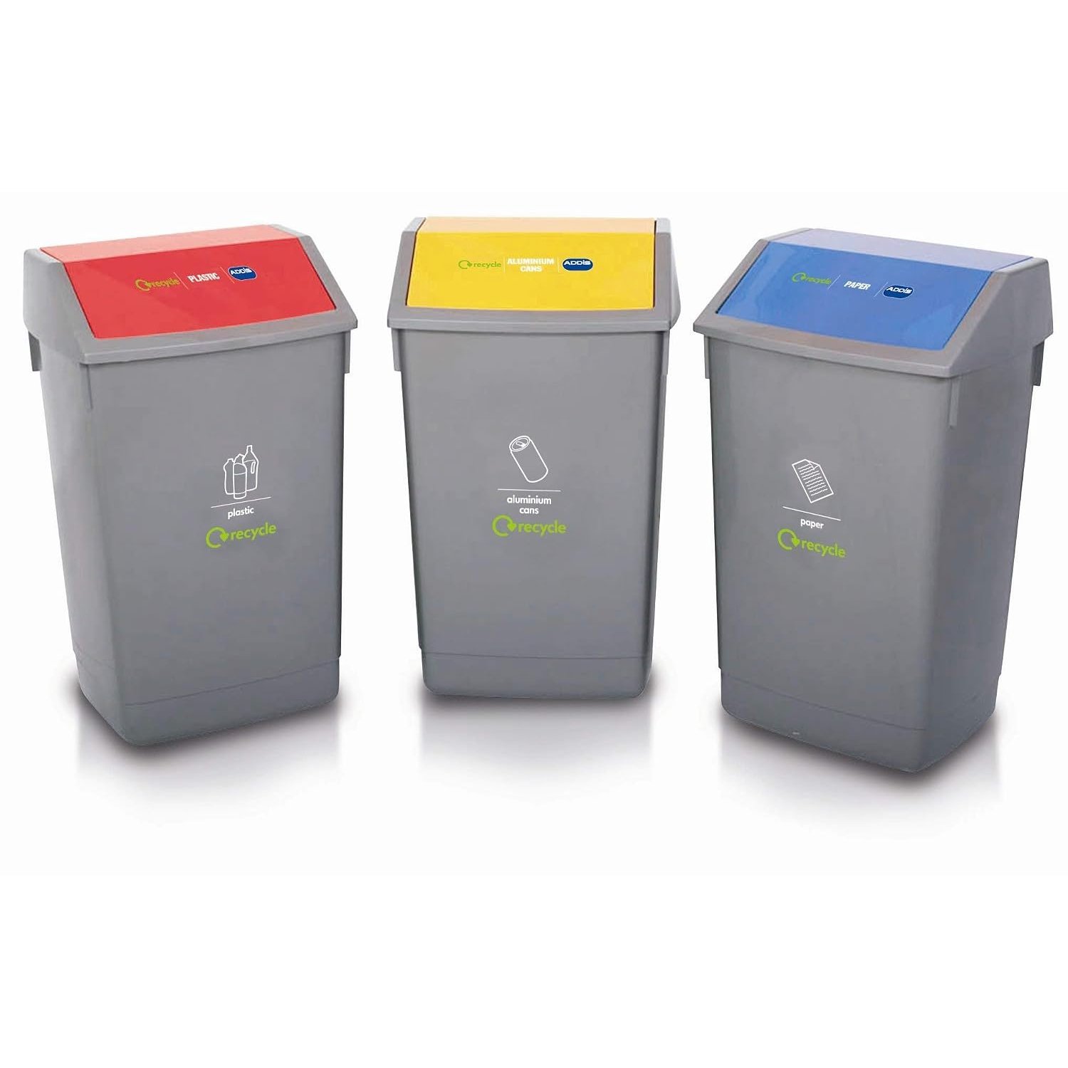 Addis Set of 3 Recycling 60 Litre Waste Utility Office Business Commercial Bins with Colour Coded Swing Lids, Grey with Red, Blue & Yellow, 3 x 60