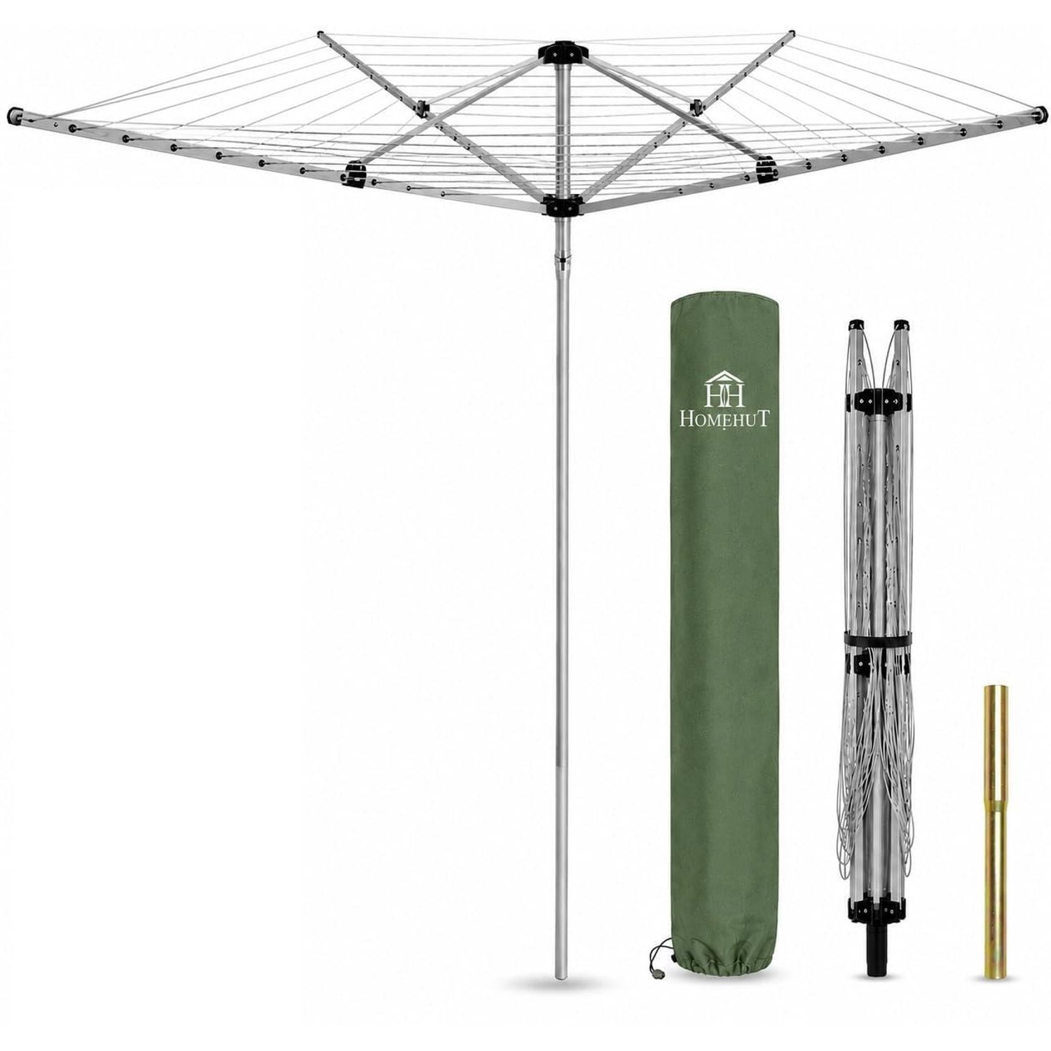 HH Home Hut 4 Arm Rotary Washing Line 50M — Heavy Duty Aluminium Outdoor Garden Clothes Airer Dryer Whirligig, Includes Ground Spike & Protective Cover