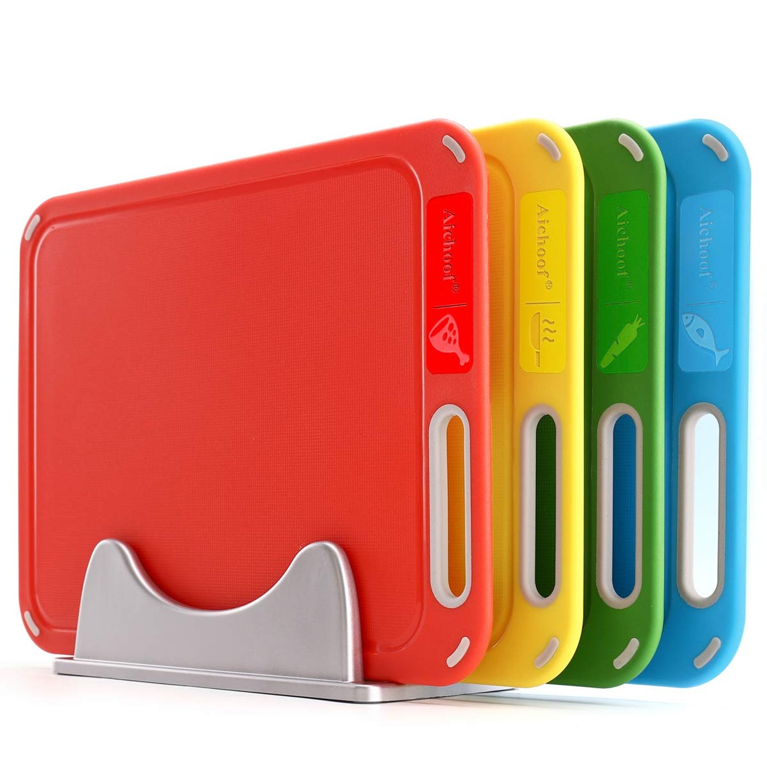 Aichoof Plastic Chopping Boards with Storage Stand, BPA Free, 4 Packs, Color Coded, Prevents Cross Contamination of Different Food, Dishwasher Safe, 33.5x24cm