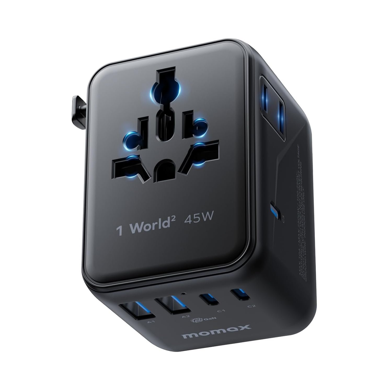 MOMAX Universal Travel Adapter 45W GaN Travel Plug Adapter with UK/EU/AU/US Plugs, 3USB-C PD & 2USB-A QC International Adapter Charger, Adapter Plug for Laptops Tablets Phones,