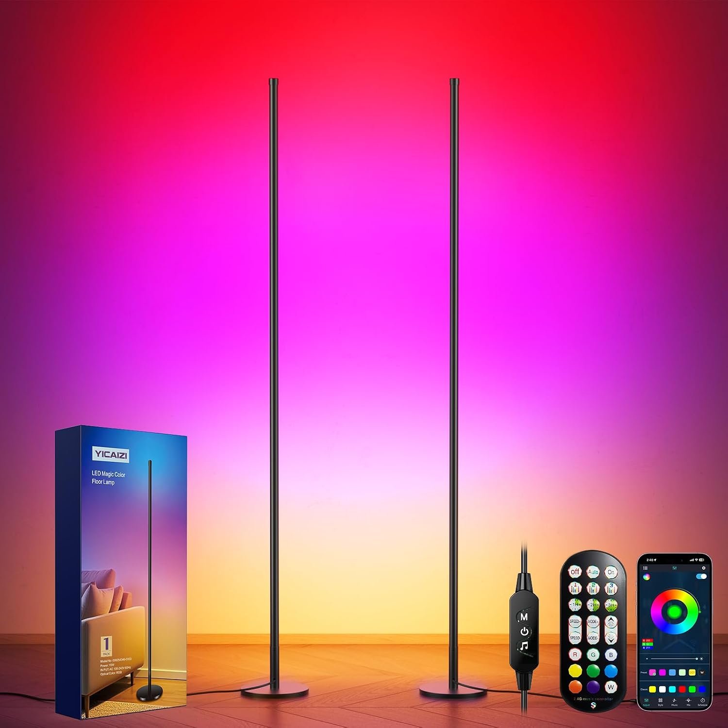 2 Pack Smart LED Floor Lamp, RGB Color Changing Corner Lamp with APP and Remote Control, Music Sync, DIY Mode, Timer, Standing Light for Bedroom Living Room
