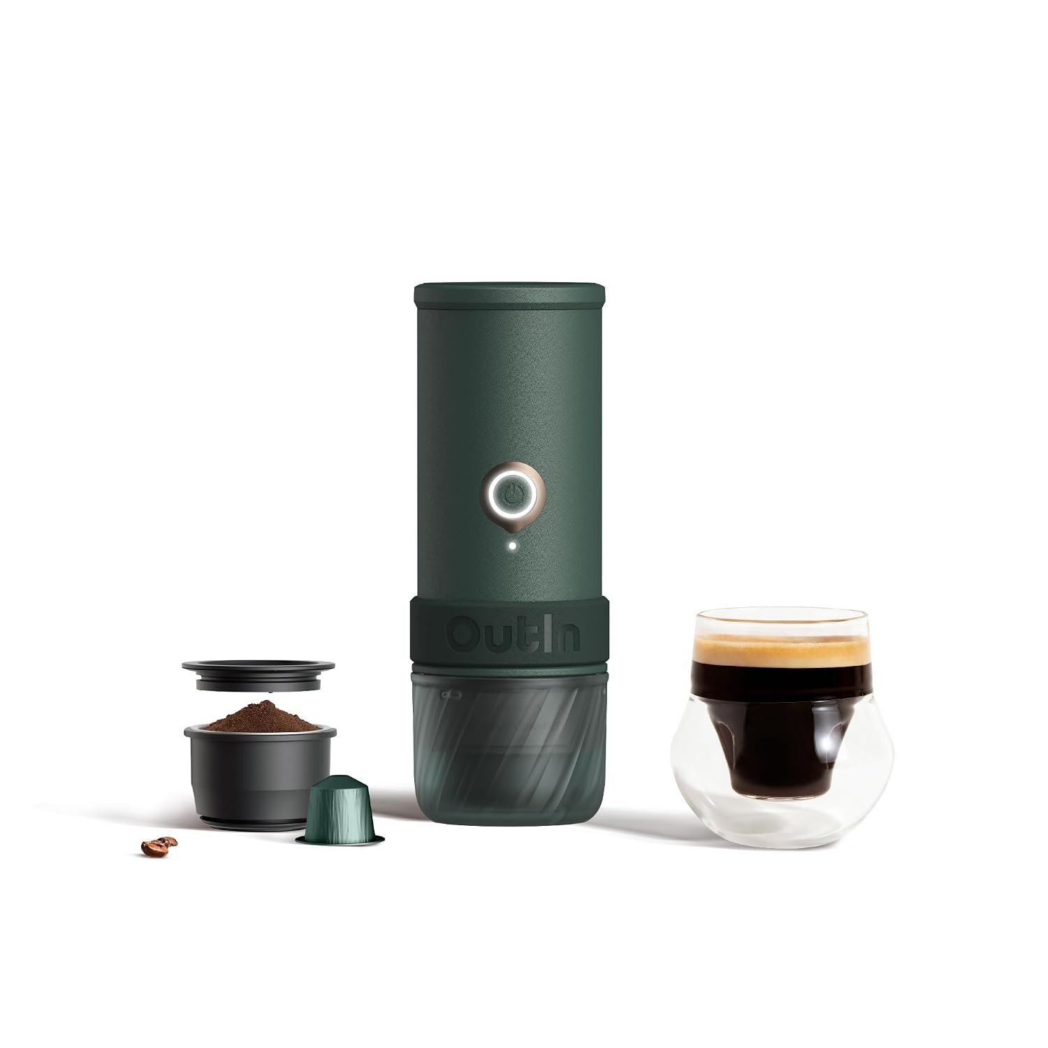 OutIn Mino Portable Electric Espresso Machine, Mini Camping Coffee Maker for Travel, Pocket Sized Coffee Machine Self-Heating with USB-C, Ground Coffee & NS Capsule Adapter For Adventure