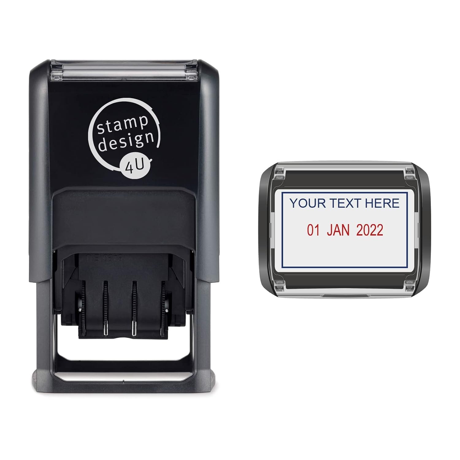 Personalised SD4U Self Inking Word and Date Stamp - Wording at Top of Date in Blue Ink, Date in Red Ink