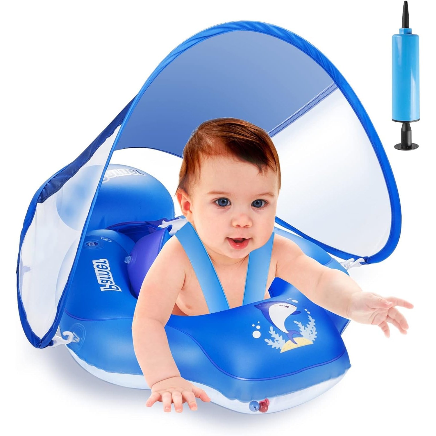 Baby Swimming Float with Sun Canopy, Parner Inflatable Baby Pool Float with Safety Bottom Support, Baby Swimming Ring Suit for Newborn Kids Toddlers Age of 3-36 Months (Blue S)