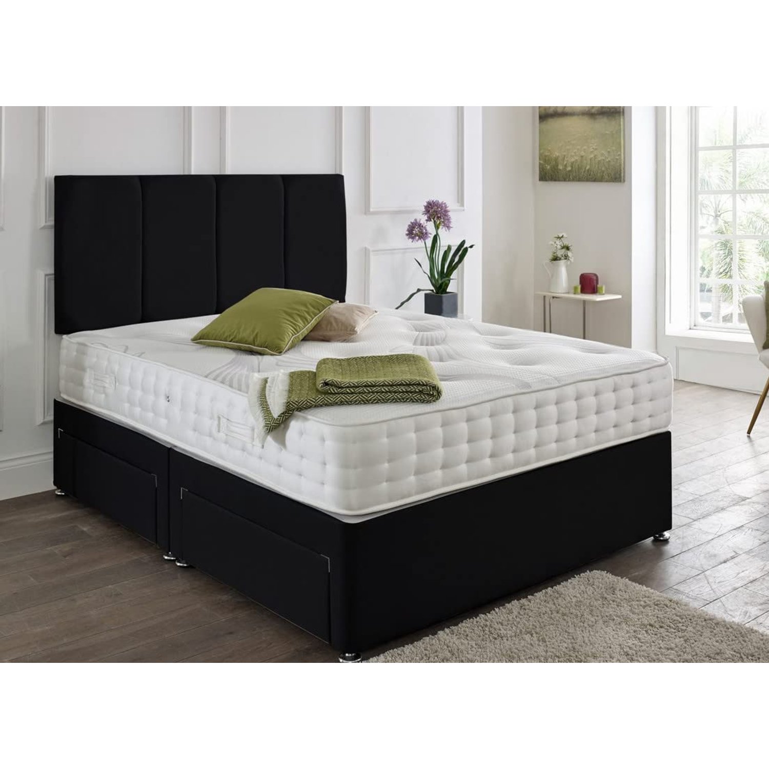SANA SLEEP Designer Premium Plush Fabric Divan Bed Set With Open Coil Spring Memory Foam Mattress, 2 Drawers (Same Side) and Matching Headboard 3FT Single - Plush Black