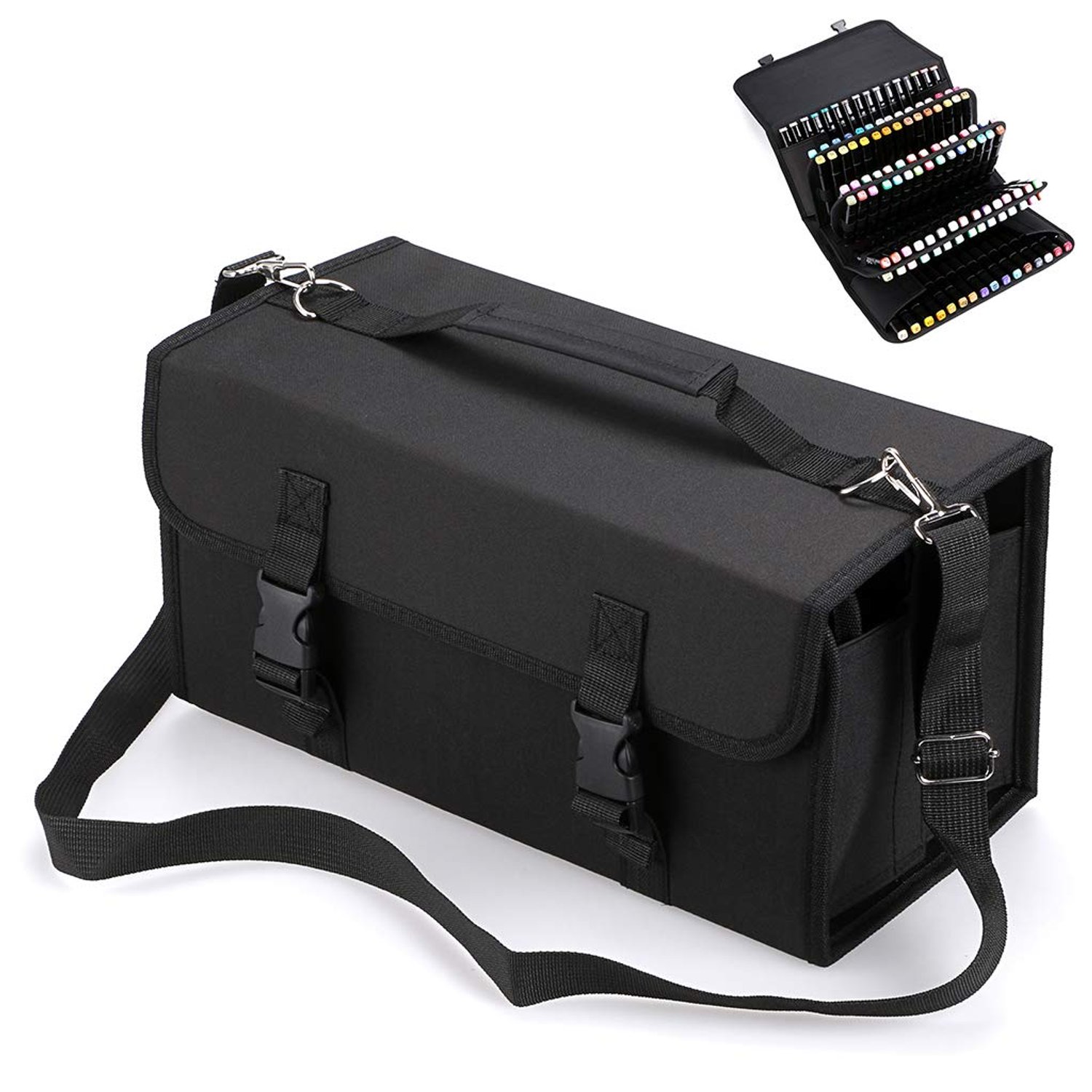 BTSKY 120 Slots Large Capacity Multi-Layer Canvas Marker Case with Shoulder Strap for for Primascolor Markers and Copic Sketch Markers, Lipstick Storage Bag (Markers Not Included) (Black)