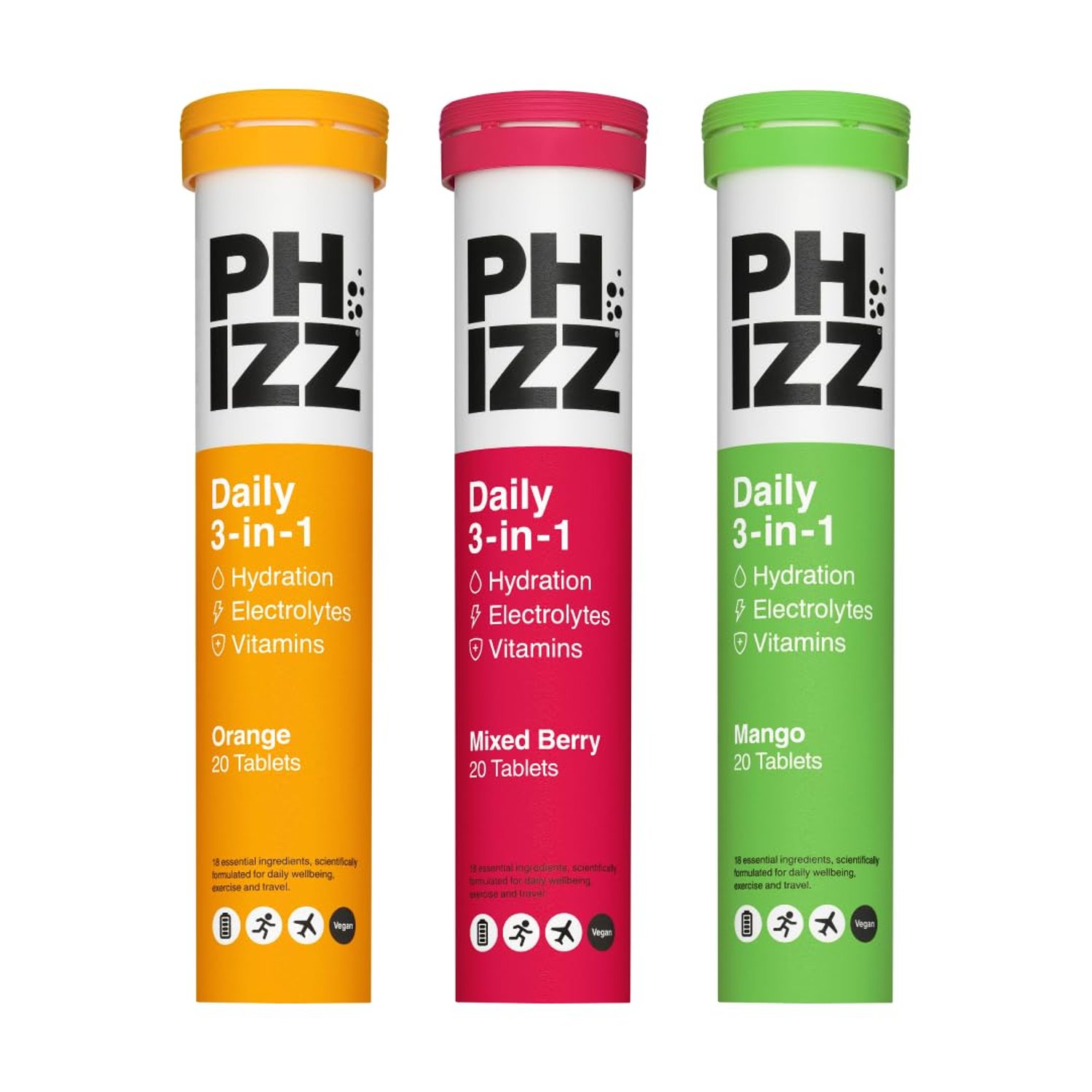 Phizz Electrolytes, Multivitamin & Hydration - Effervescent Rehydration Electrolyte Tablets - 18 Vitamins & Minerals, Vitamin C, Vegan & Low Calorie - Mixed Flavour Pack - 60 Tablets - 300g