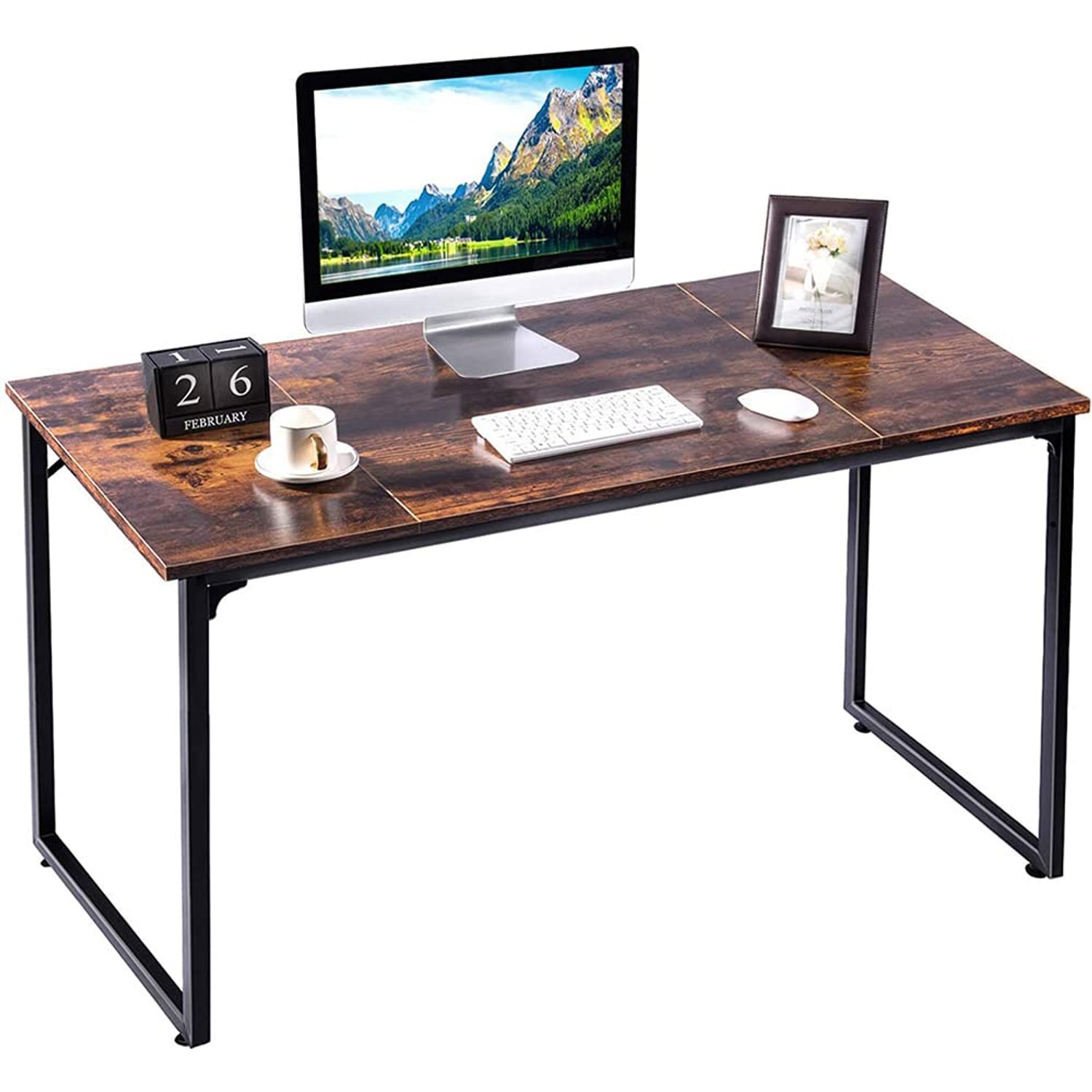 Homesbrand 140cm Vintage Computer Desk – Rustic Brown Office Desk for Home Working, Simple Study & Writing Table, Sturdy Metal Frame, Easy Assembly, 140x60x75cm