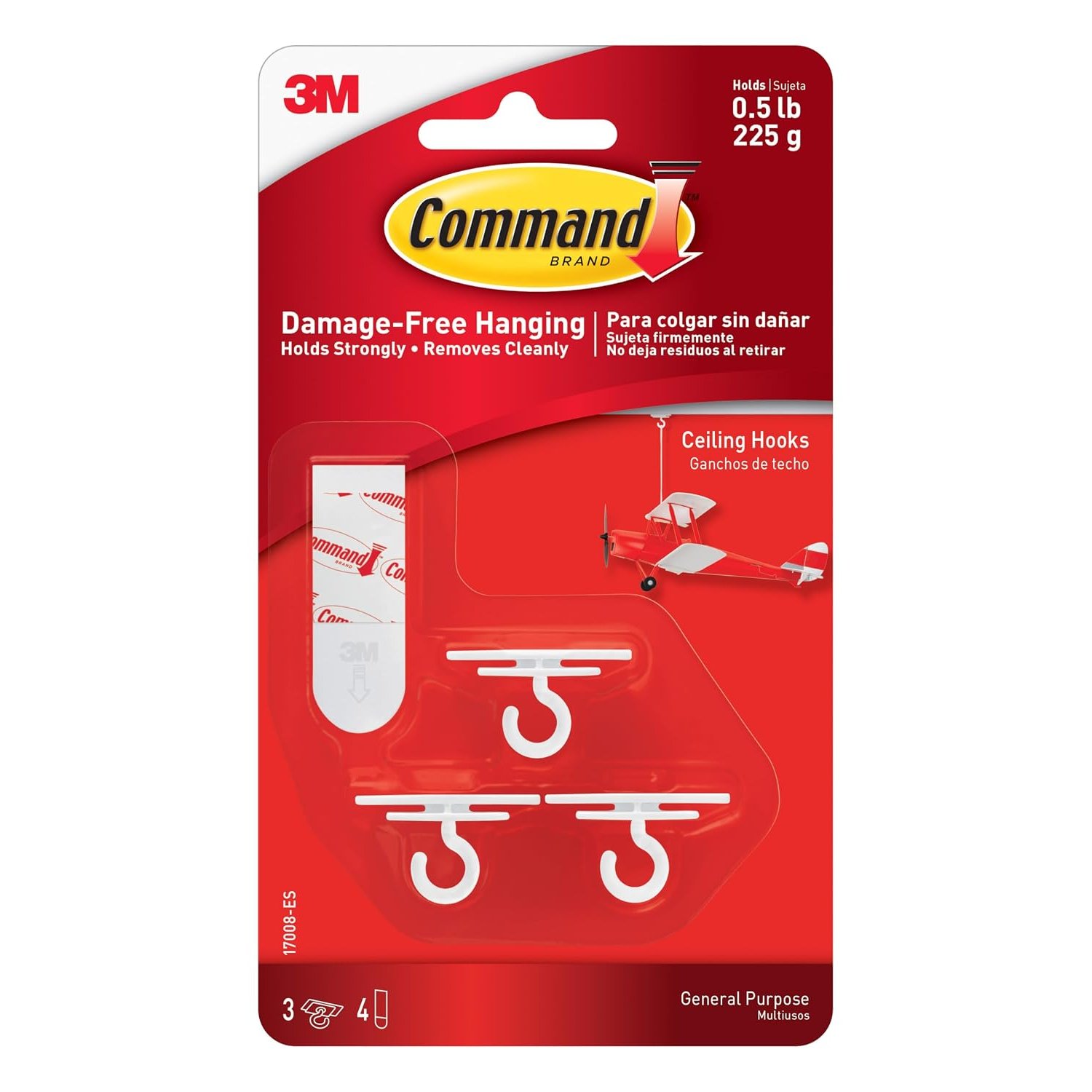 Command Ceiling Hooks, White - Pack of 3 Hooks and 4 Adhesive Strips - Damage Free Hanging - Holds up to 225 g