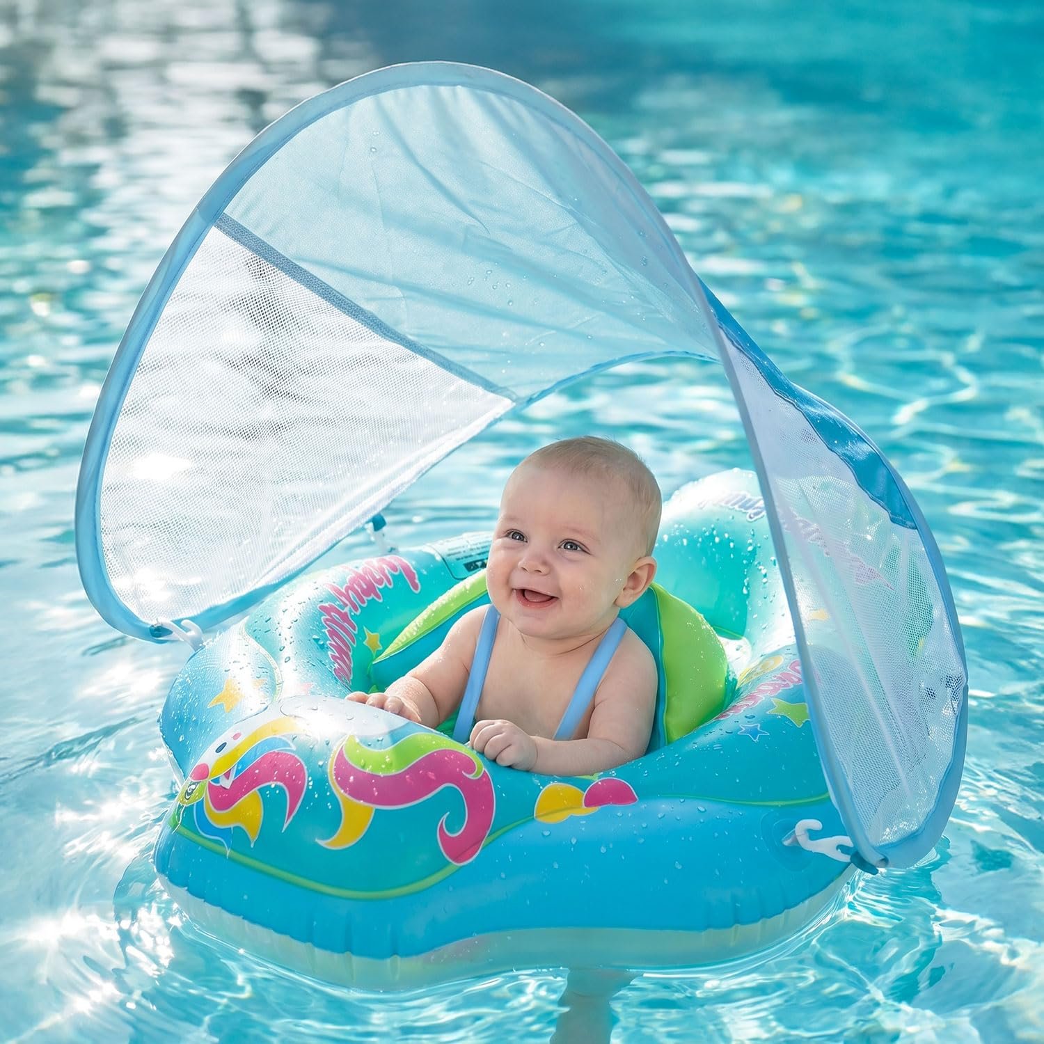 Baby Swimming Float, UPF 50+ Sun Baby Pool Float With Canopy, Adjustable Baby Float 3-12 Months With Widened Side Wings, Dual Air Chambers, Baby Pool Float for Newborn Baby Learn To Swim